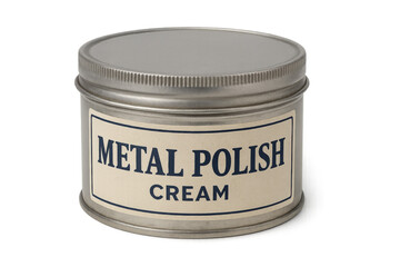 Metal polish cream in a round tin can on transparent background