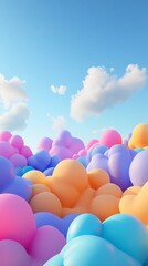 Colorful celebration balloons fill the blue sky