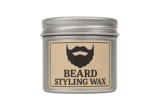 Round metal tin of beard styling wax with transparent background