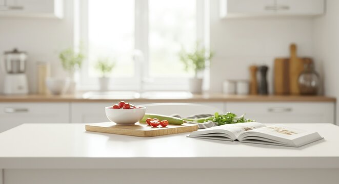 Modern Kitchen Still Life with Fresh Produce and Cookbook, A bright and airy kitchen scene featuring fresh ingredients and a cookbook on a white countertop