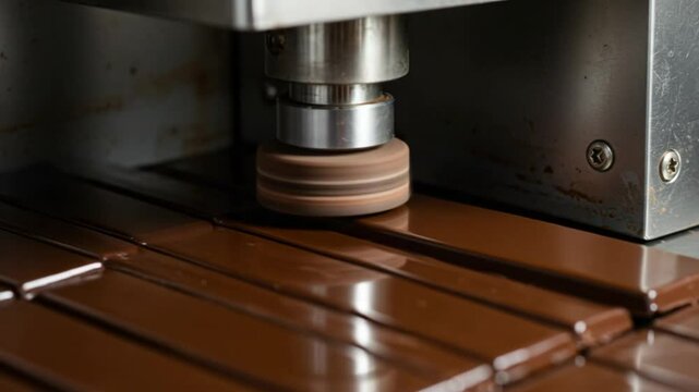 Automated chocolate bar cutting process in a food manufacturing factory production line