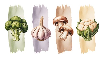 Broccoli garlic mushrooms cauliflower watercolor vegetables