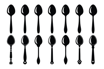 A collection of twelve black silhouette spoons with varying handle designs and bowl shapes on a white background