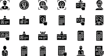 Security access clearance glyph icon set. Vector pictograms of recognition, restriction, biometric, authentication, id card, pin, keypad, permission