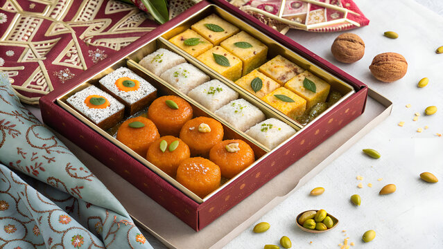 Assorted Indian Mithai in Decorative Gift Box with Nuts and Festive Garnish &ndash; Traditional Sweets for Celebration and Diwali Stock Photography