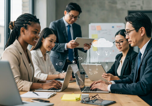 A diverse business team collaborates in an office meeting, utilizing digital technology and fostering innovation - Powered by Adobe