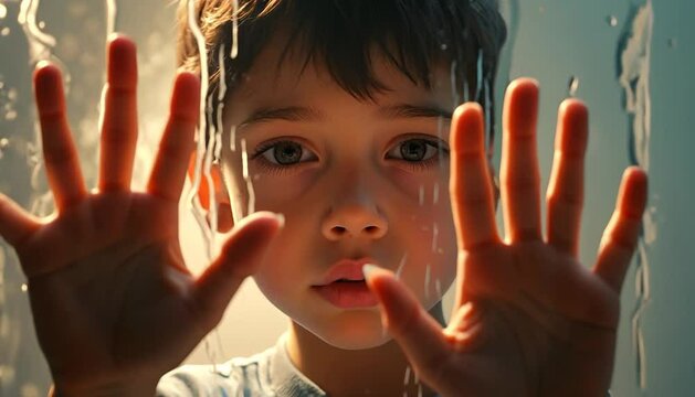 Autistic Child Boy Behind Glass Opens Eyes Video Footage Scene Expressing Sensory Isolation and Awareness