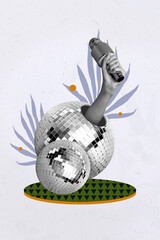 3D collage design composite trend sketch of discoball hand appear hold microphone karaoke sing song...