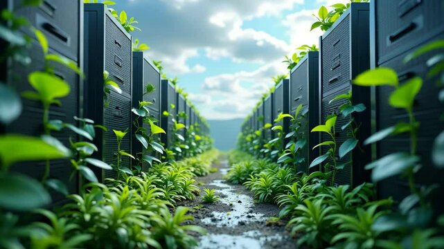 Walking Path Between Rows of Growing Green Plants and Tall Dark Cabinets