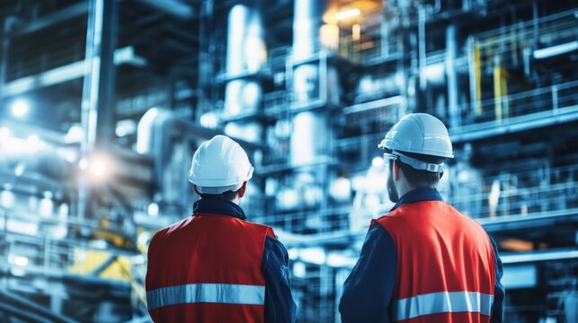 Nuclear power plant with engineers in foreground
