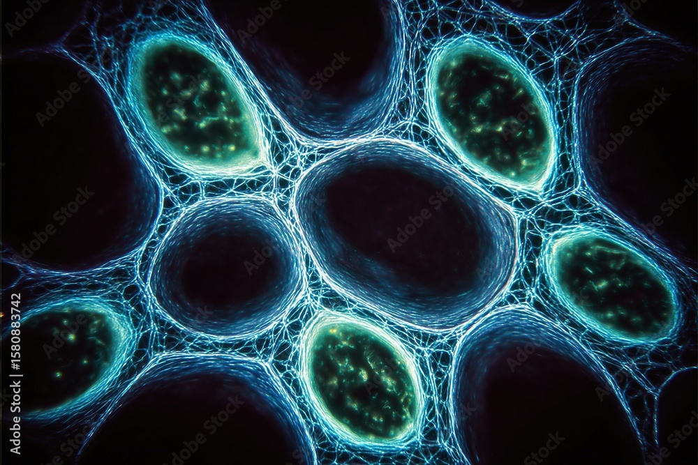 Poster microscopic view of cellular structures showcasing intricate patterns and glowing elements in organi