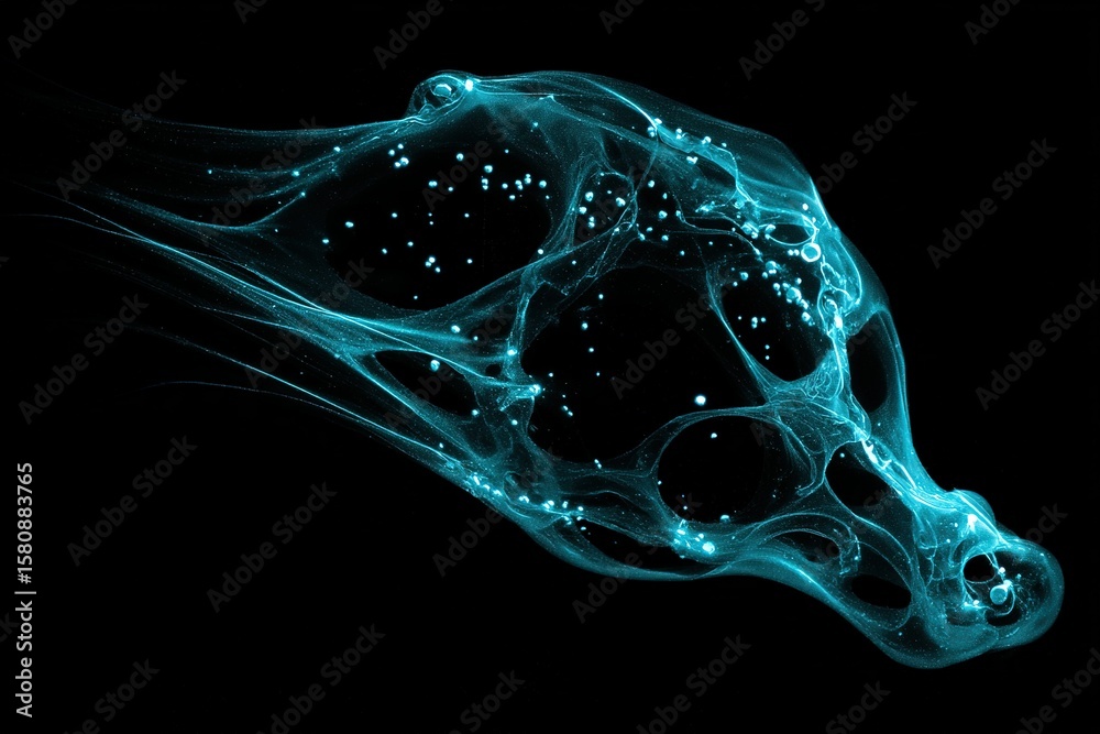 Poster colorful blue bubbles float and swirl through a dark background creating a mesmerizing visual displa