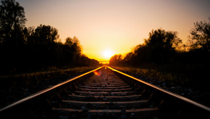 Fototapeta premium Dramatic Railroad Tracks Stretching Towards a Distant Sunset with Silhouetted Trees Creating a Sense of Journey and Destination in the Golden Hour Light