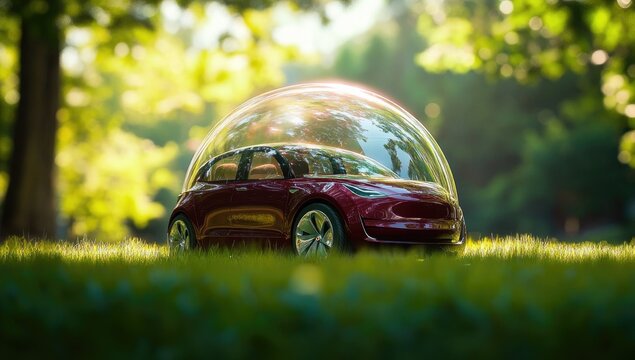 Red car in a protective bubble, sunny park