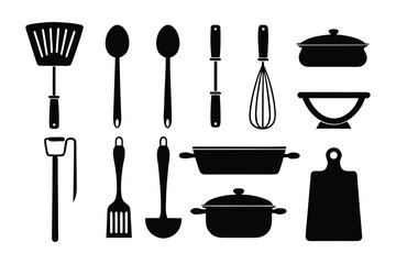A collection of black silhouettes of various kitchen utensils and cookware including spatulas spoons whisks pots and a cutting board