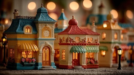 Fototapeta premium Miniature, brightly lit, charming houses in a festive display