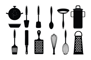 A collection of black silhouette kitchen utensils including a colander a spatula a ladle a pot a whisk and a grater