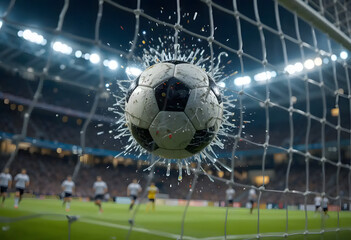 A black and white soccer ball rests in the stadium goal net on a green grass field, symbolizing the thrill of the game and competition