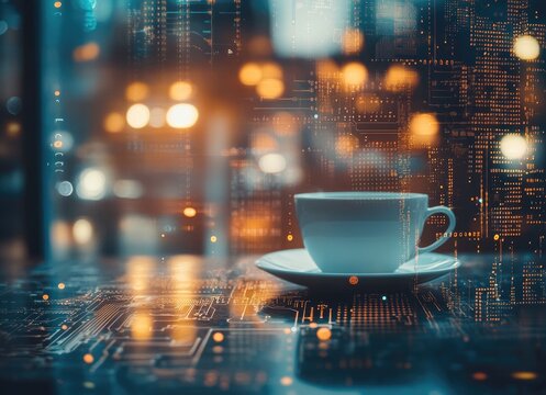 Coffee cup on table with digital overlay at night.