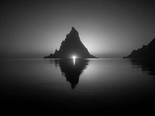 a serene, black-and-white scene of a mountainous island with a distinct conical shape, reflecting in calm waters under a dimly lit sky.