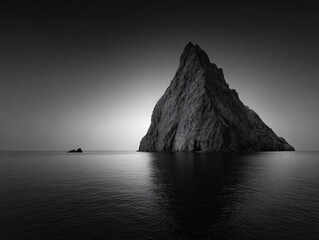 a serene, black-and-white scene of a mountainous island with a distinct conical shape, reflecting in calm waters under a dimly lit sky.