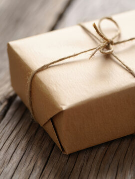 Close Up of a Brown Paper Package Tied with Twine on a Rustic Wooden Surface, Evoking a Sense of Simplicity and Natural Charm