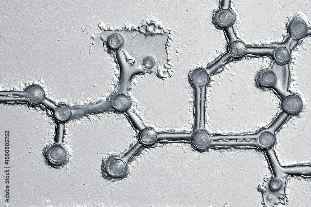 Poster textures of a microscopic structure showing interconnected patterns and circular formations in a lab