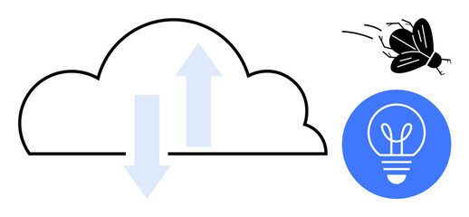 Cloud with up and down arrows, buzzing fly in motion, and light bulb idea icon. Ideal for innovation, data transmission, creativity, technology, problem-solving, connectivity simple landing page