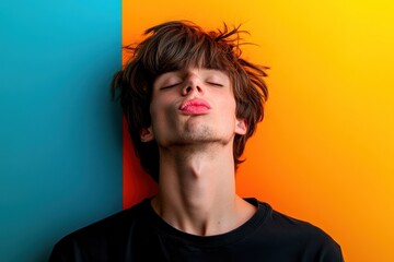 Fototapeta premium Man pulling silly face on colorful backdrop