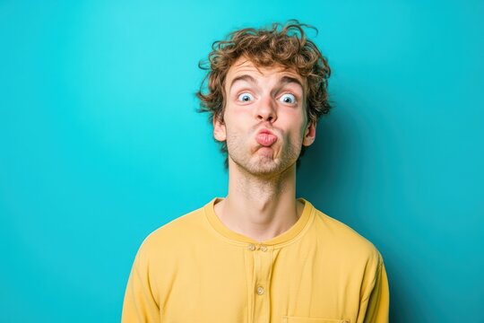 Man pulling silly face on colorful backdrop