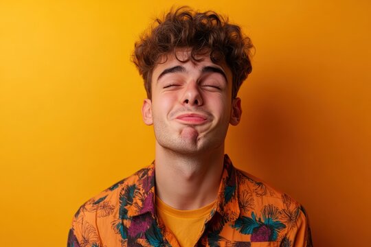Man pulling silly face on colorful backdrop