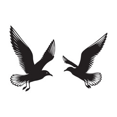 Fototapeta premium Two black silhouettes of seagulls in flight against a white background