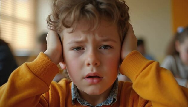 Autistic Child Boy Covering Ears in Classroom Video Footage Scene Showing Sensory Overload and Distress
