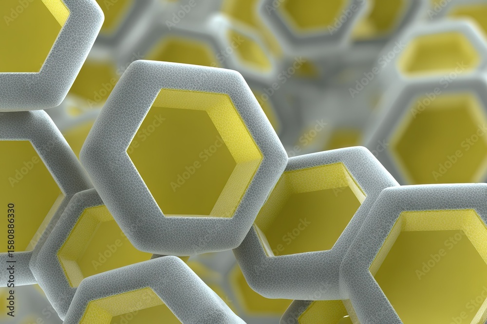 Poster hexagonal structures with yellow interior create an abstract pattern in a scientific context
