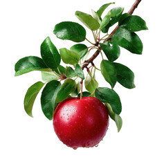 A single ripe red apple with water droplets on a branch with green leaves isolated on transparent background