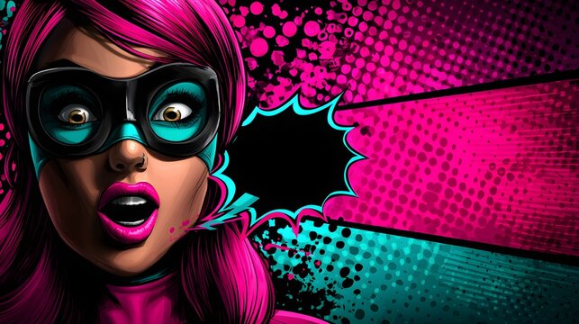 Farbintensive Pop-Art Superheldin mit Maske und leerer Sprechblase im Comicstil
