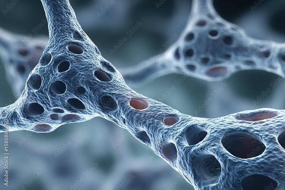 Poster complex network of cells displaying intricate structures and voids under a microscope