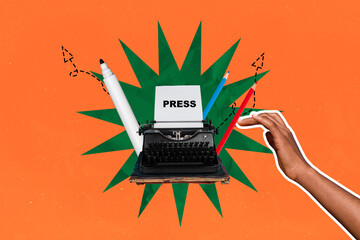 Art sketch image vertical collage of human hand press button novelist retro typewriter machine...