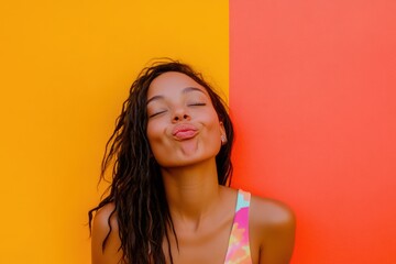 Playful woman making silly face on color background
