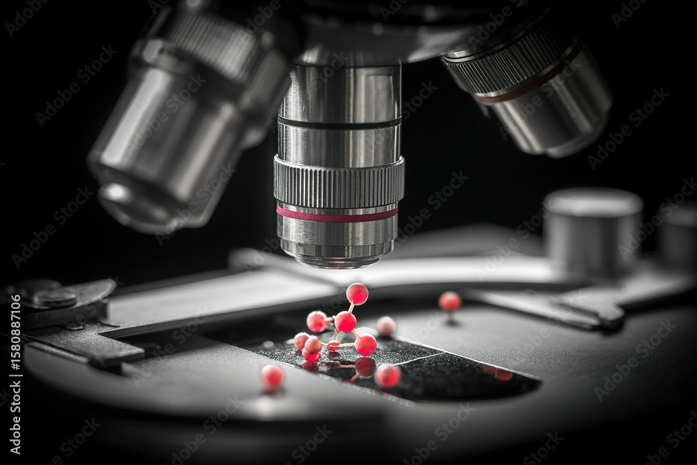 Poster close-up view of a microscope examining microscopic particles on a glass slide in a lab setting