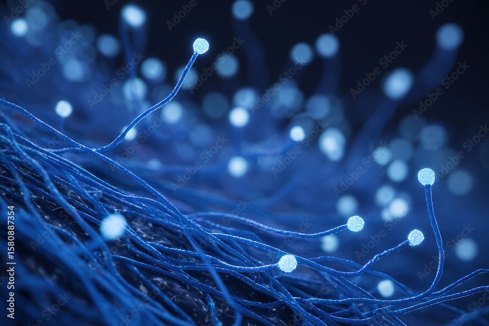 Poster intricate blue fibers with glowing tips creating a mesmerizing abstract background in a dark setting