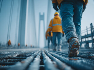 Construction worker walking on steel rebar on bridge site with safety gear and cold weather