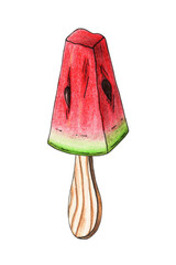 Watermelon popsicle hand drawn watercolor. Summer berry. Fruit on a stick. Ripe juicy vitamin food. Slice, piece. Healthy eating. Organic farm product. Vegan. Seasonal illustration.