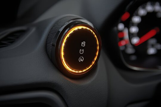 Close-up of dashboard button with glowing lights, interior automotive shot, modern