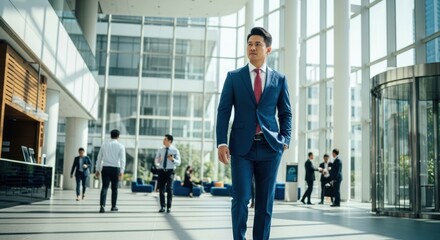 A confident asian businessman in a blue suit walks through a modern office building lobby, exuding professionalism and success
