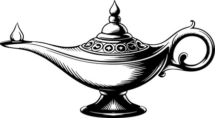 Black and white vector of a detailed Aladdin-style lamp with intricate filigree, glowing light beam, and vintage brass texture. Transparent background ideal for fantasy, decor, and mystical designs