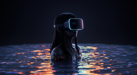 Girl with VR glasses immersed in liquid shilhoute. Immersive VR Experience, Young Woman in a Virtual World. 
