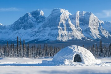 Naklejka premium Igloo in snowy mountains under blue sky