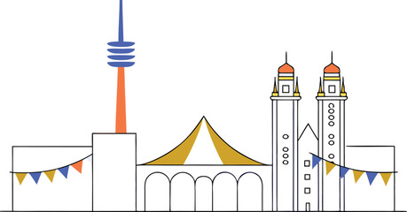 Fototapeta premium Iconic munich skyline illustration capturing the festive spirit and architectural landmarks of the famous oktoberfest celebration in germany perfect for cultural events and travel promotions