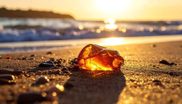 Amber gemstone on a sandy beach at sunrise
